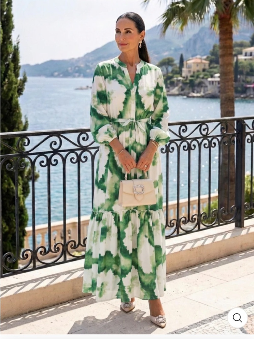 Julia & Anne Sabine Long Sleeve Tie Waist Tiered Maxi Dress Green White M NWT